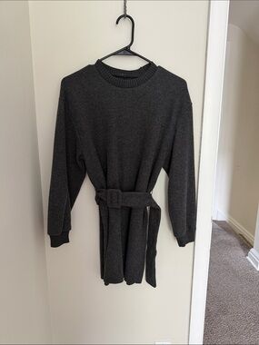 Charcoal Belted Crewneck Sweater Dress